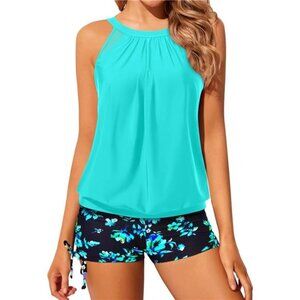 High Neck Tankini Set – Modest Blouson Top & Tummy Control Shorts